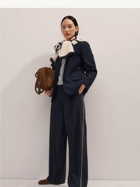 ME+EM Navy Wide-Leg Pinstripe Trousers